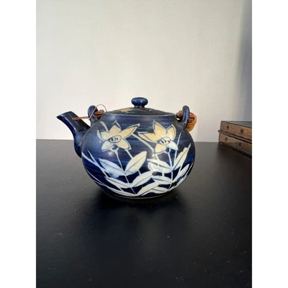 Japanese Dobin Teapot Cobalt Blue Wax Resist Lilies Rattan Handle Signed Lid